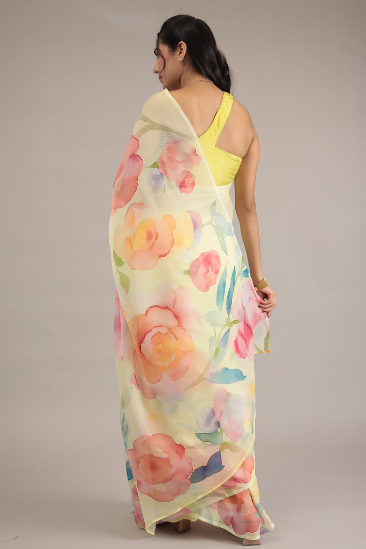 Pastel Floral Print Chiffon Saree