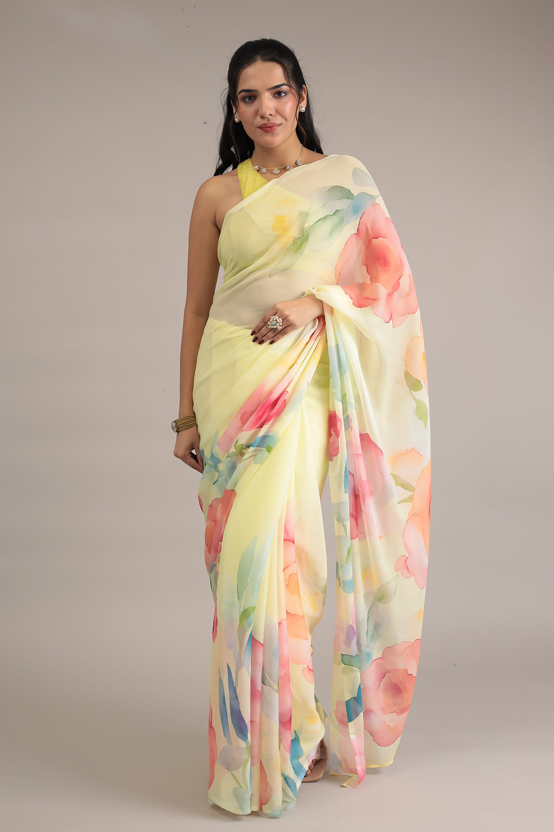 Yellow Chiffon Printed Saree 