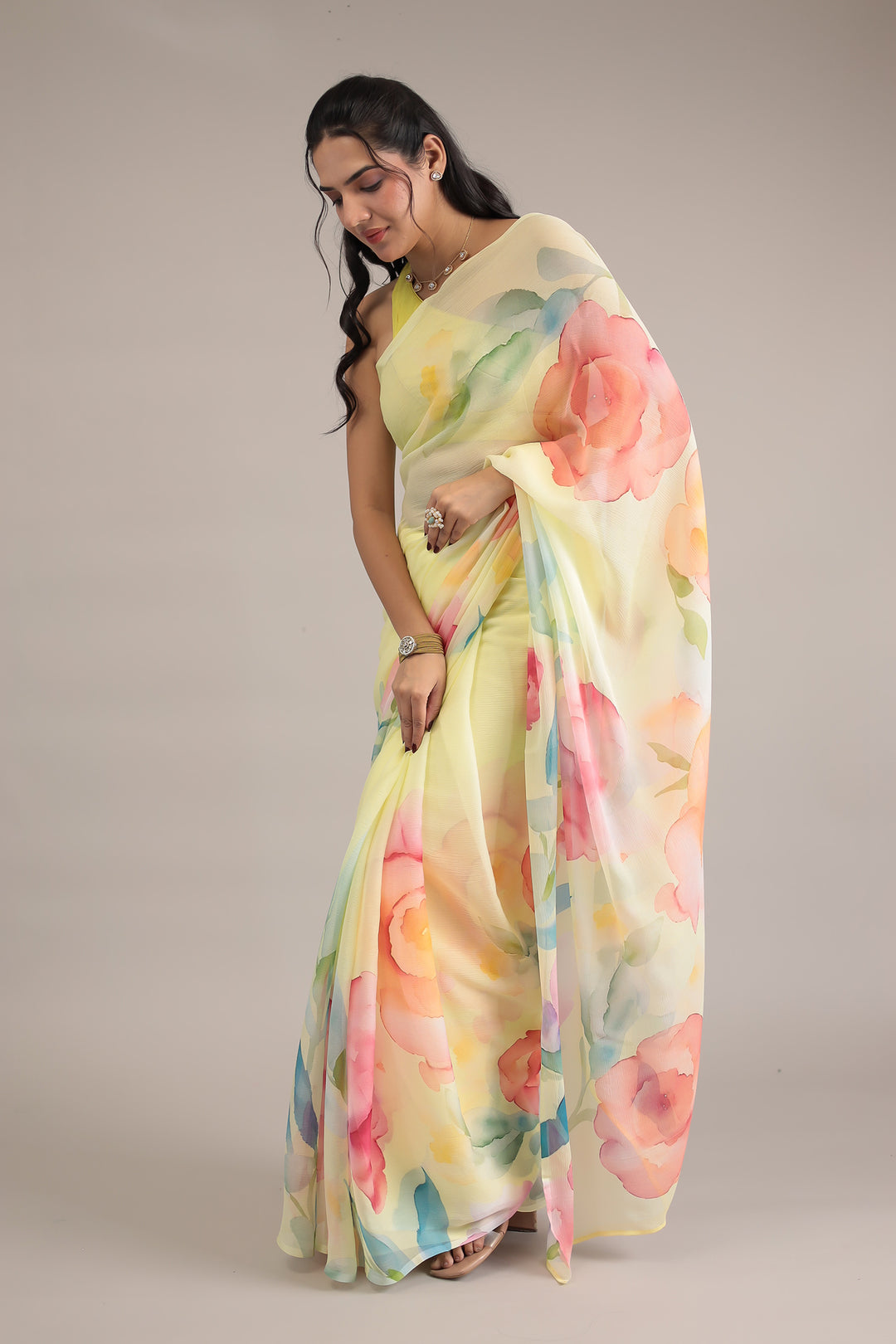 Pastel Floral Print Chiffon Saree