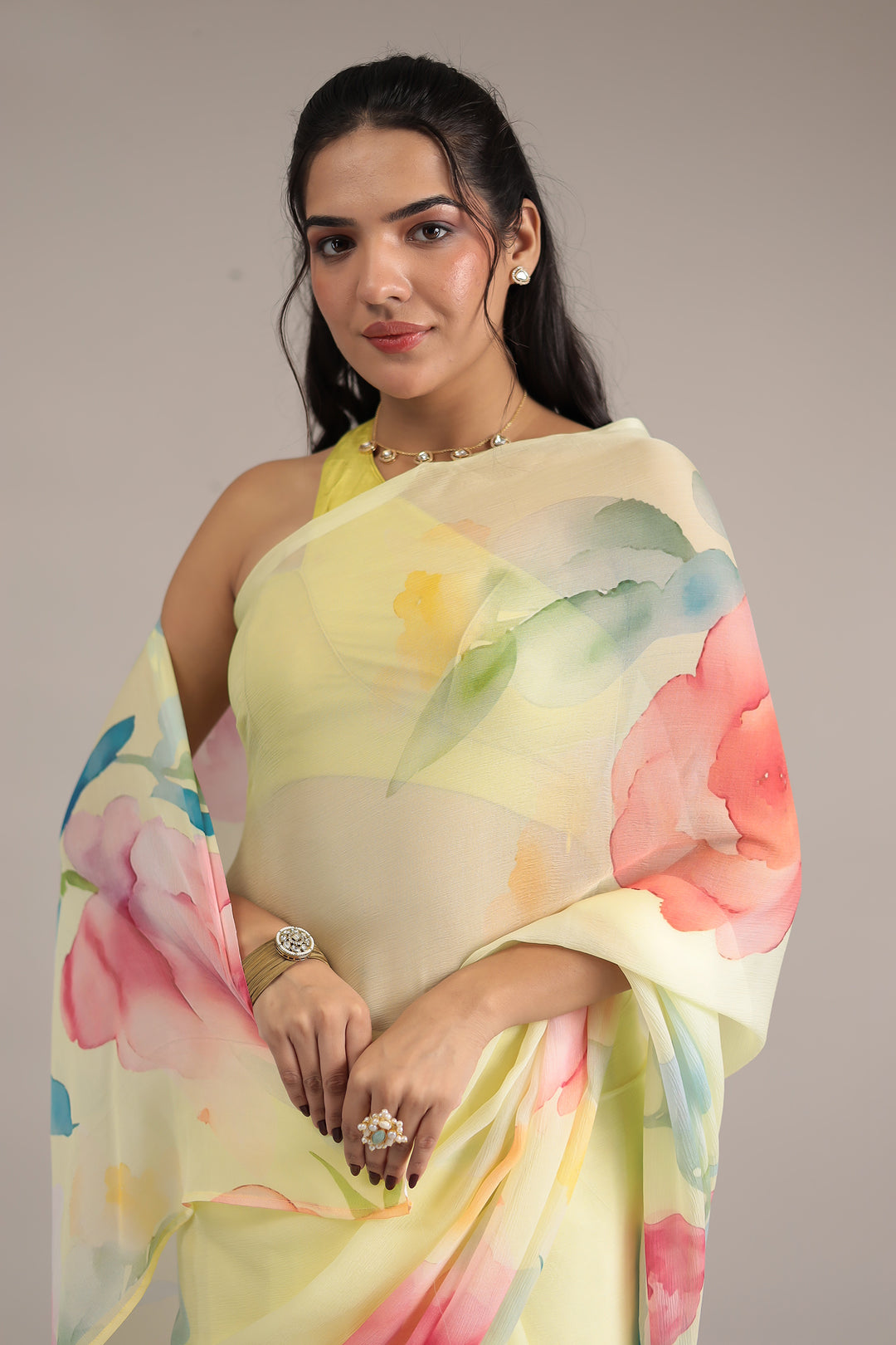 Pastel Floral Print Chiffon Saree