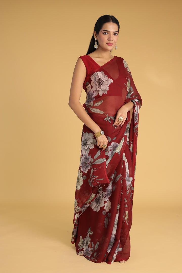 Maroon Printed Chiffon Saree