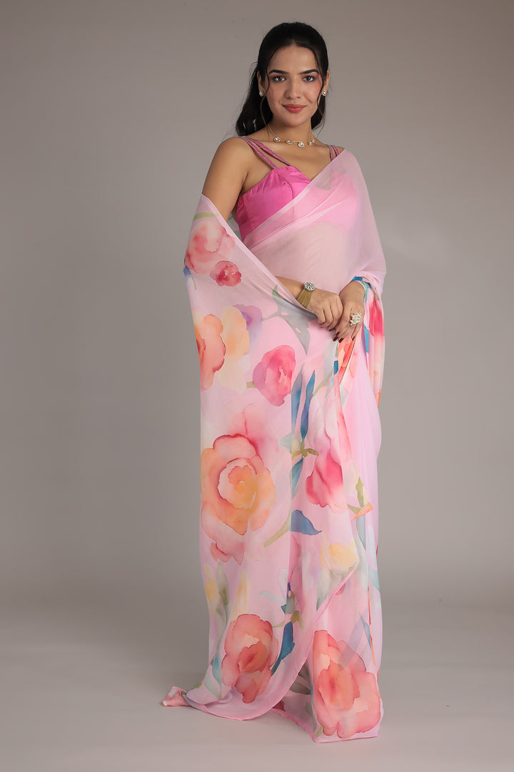 Light Pink Printed Chiffon Saree 