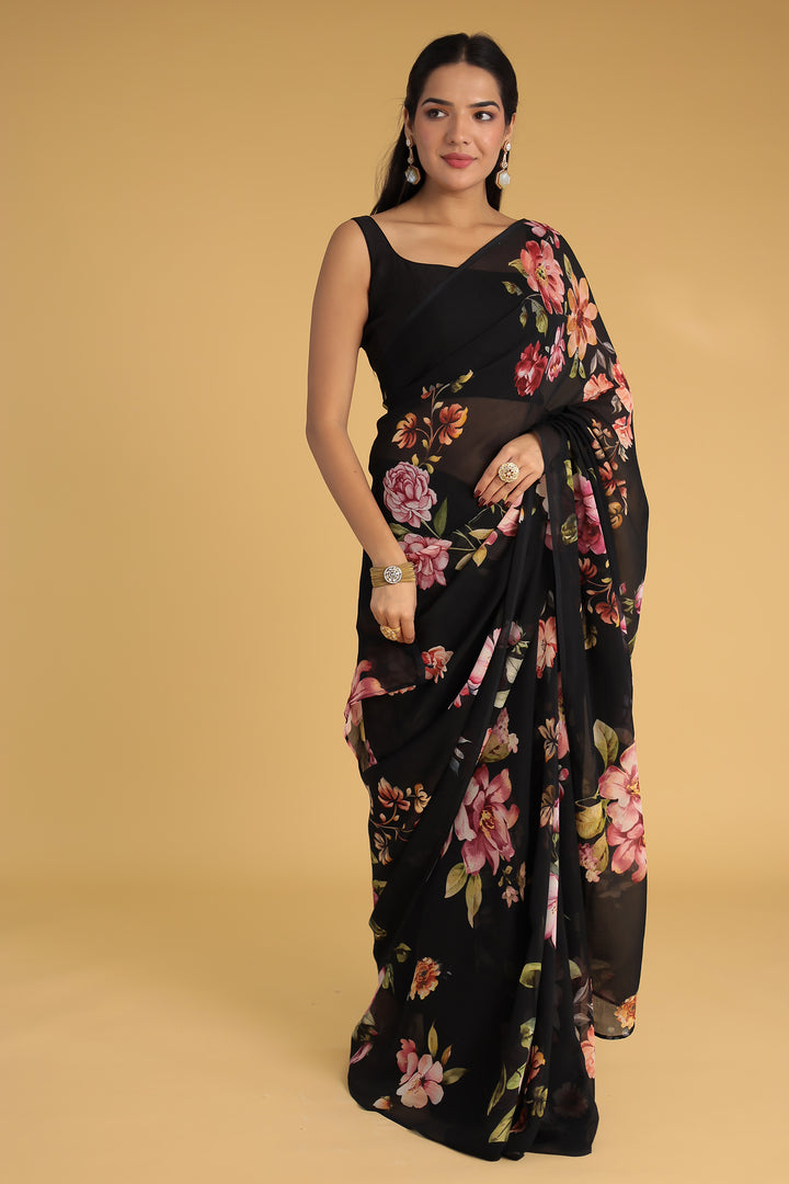 Black Printed Chiffon Saree 