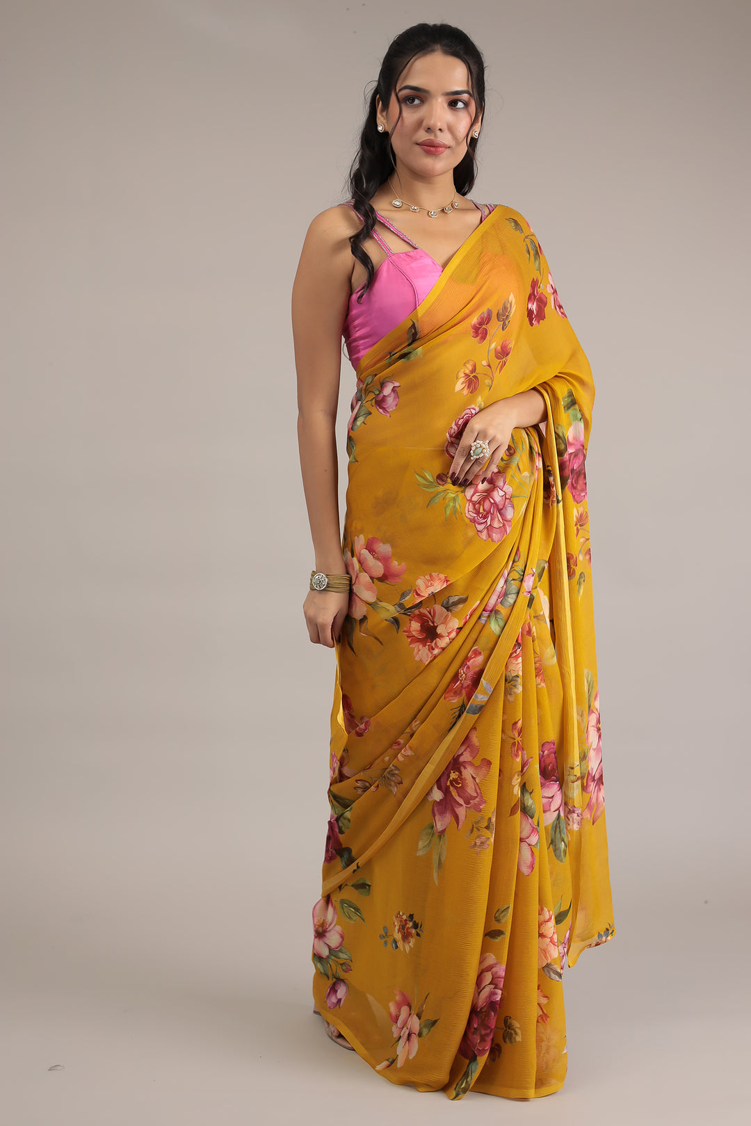 Gold Printed Chiffon Saree