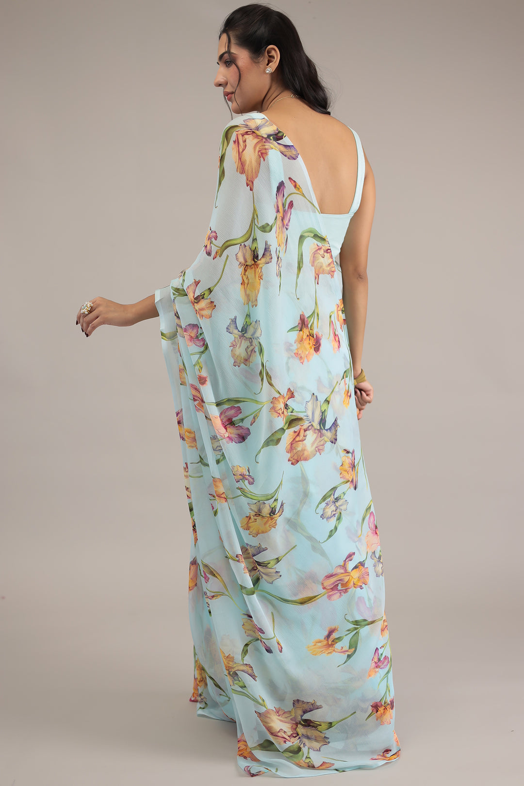 Powder Blue Floral Print Chiffon Saree