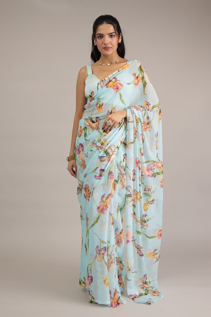 Powder Blue Floral Print Chiffon Saree