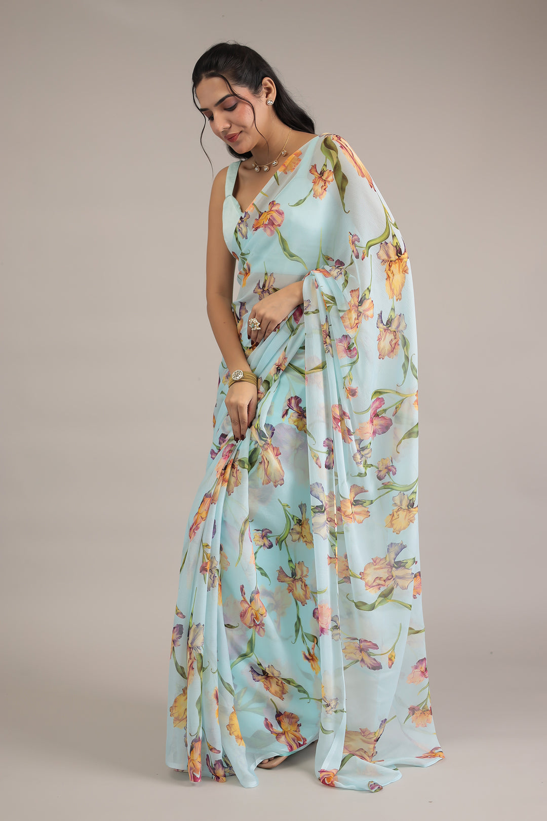 Powder Blue Floral Print Chiffon Saree