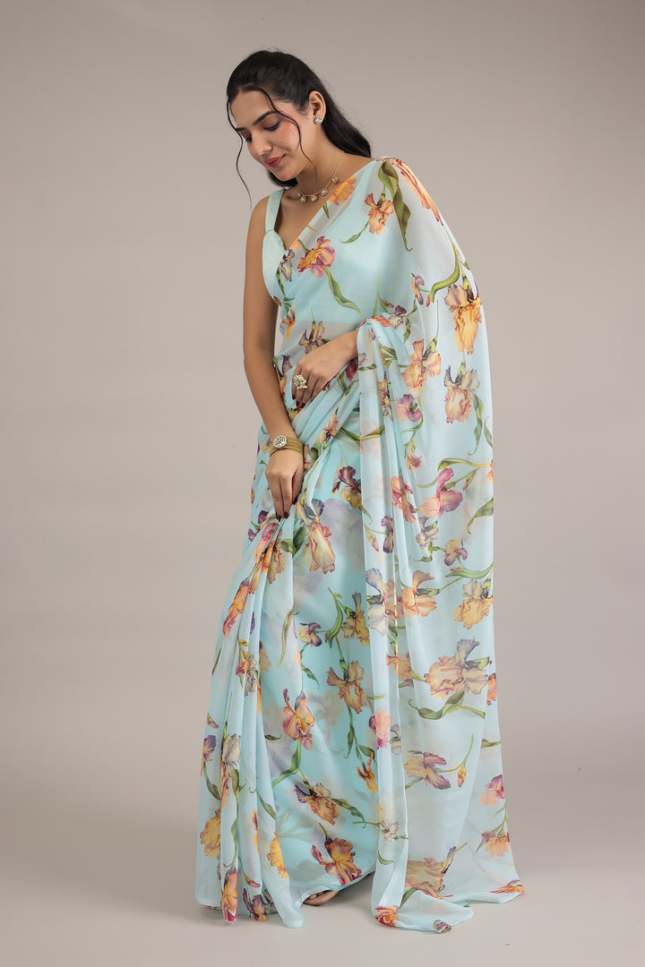 Powder Blue Floral Print Chiffon Saree
