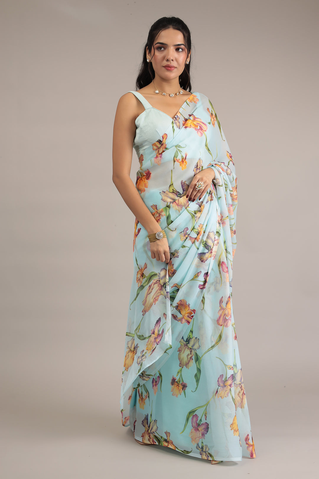 Light Blue Printed Chiffon Saree
