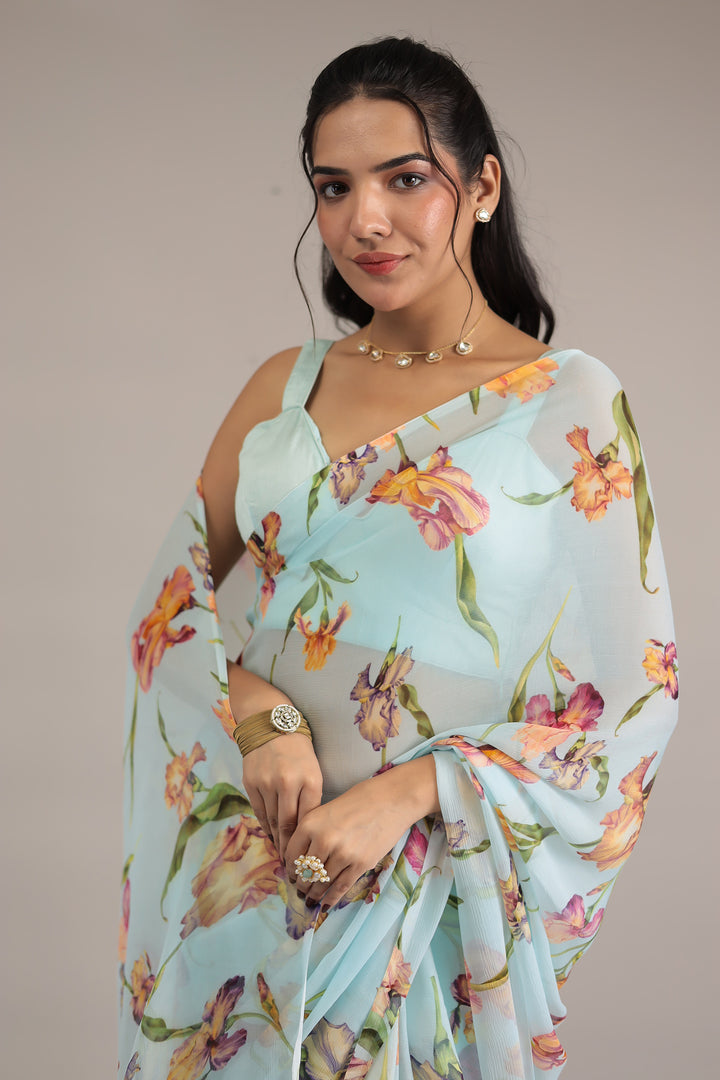 Powder Blue Floral Print Chiffon Saree