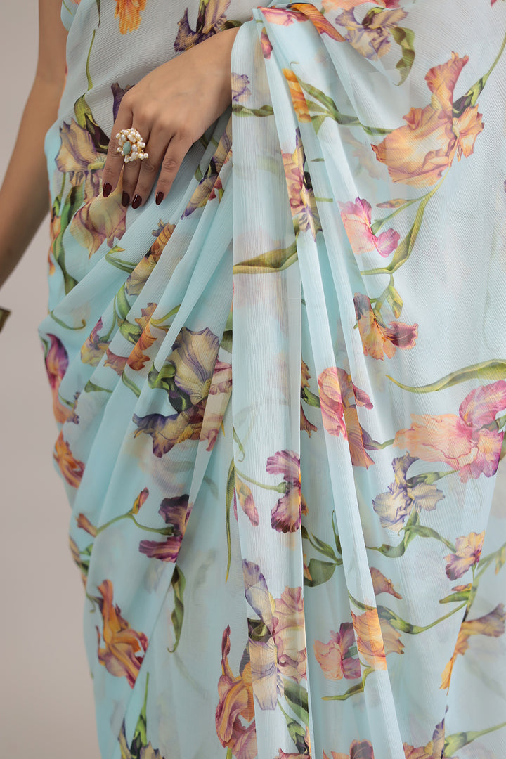 Powder Blue Floral Print Chiffon Saree