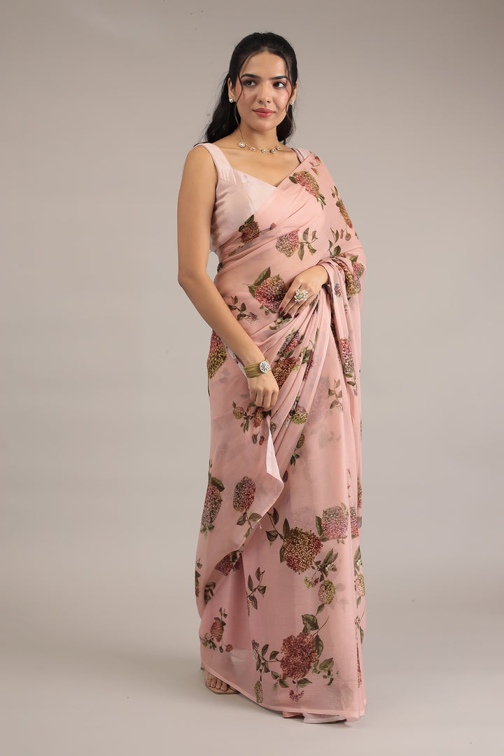 Peach Printed Chiffon Saree