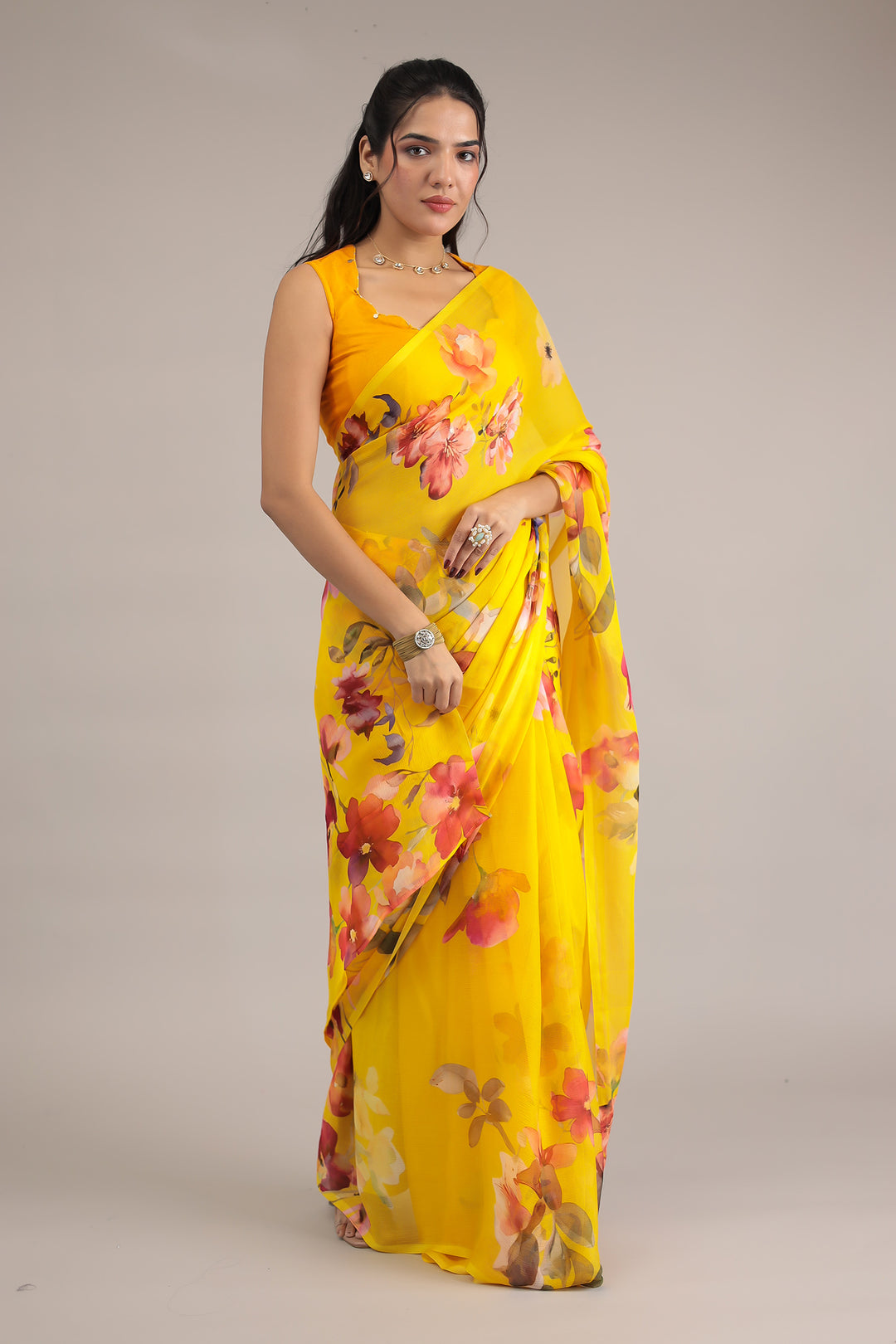 Yellow Printed Chiffon Saree 