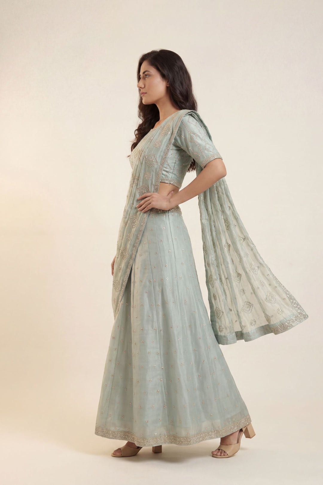 Tissue organza Lehenga with Dori, Gota Patti, Pearl work.