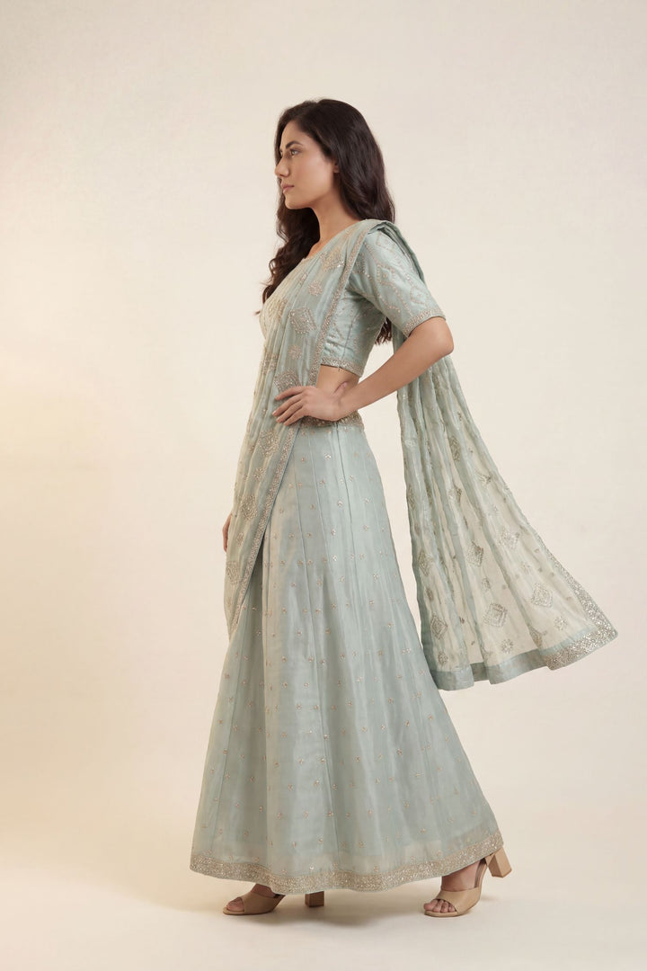 Tissue organza Lehenga with Dori, Gota Patti, Pearl work.
