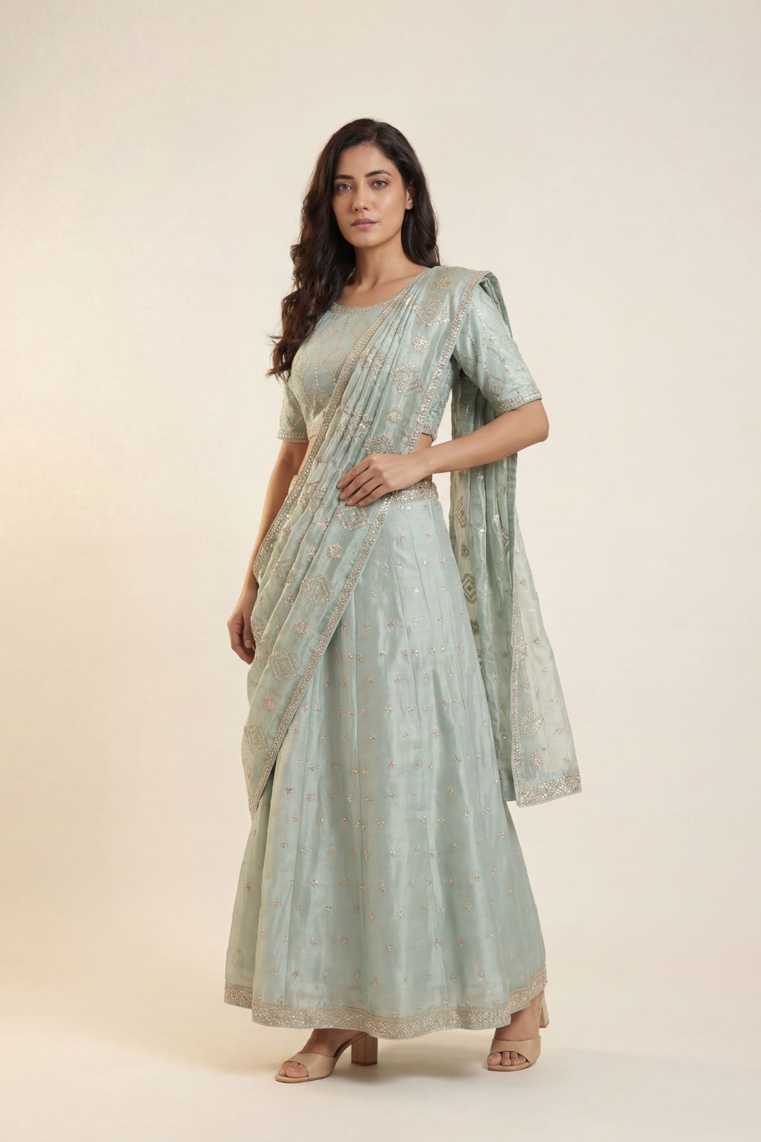 Tissue organza Lehenga with Dori, Gota Patti, Pearl work.