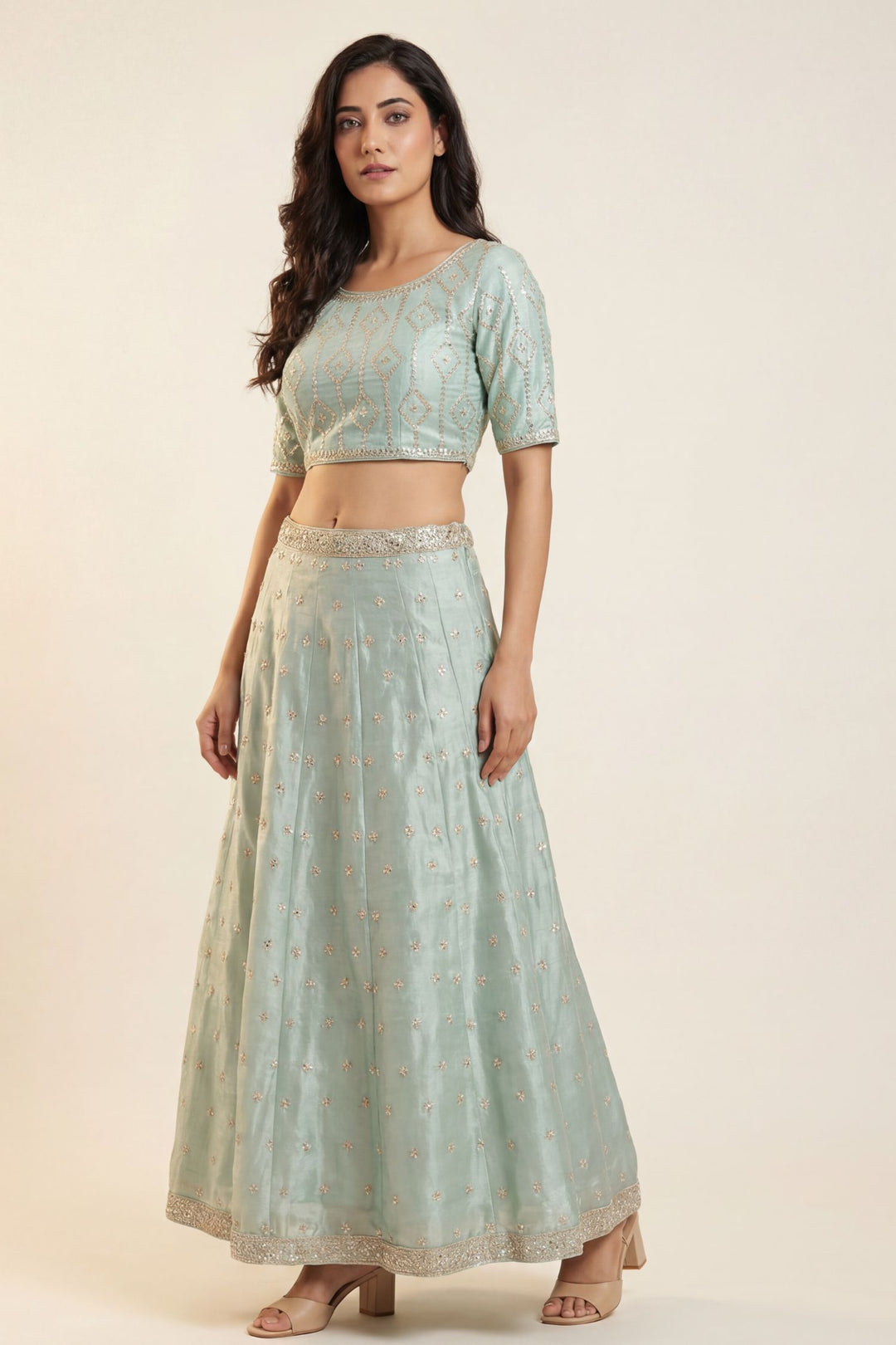 Tissue organza Lehenga with Dori, Gota Patti, Pearl work.