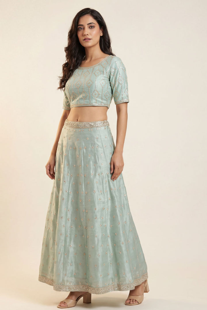 Tissue organza Lehenga with Dori, Gota Patti, Pearl work.