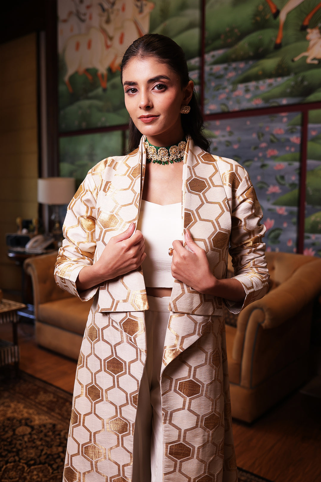 Cream Brocade Ladies Coat