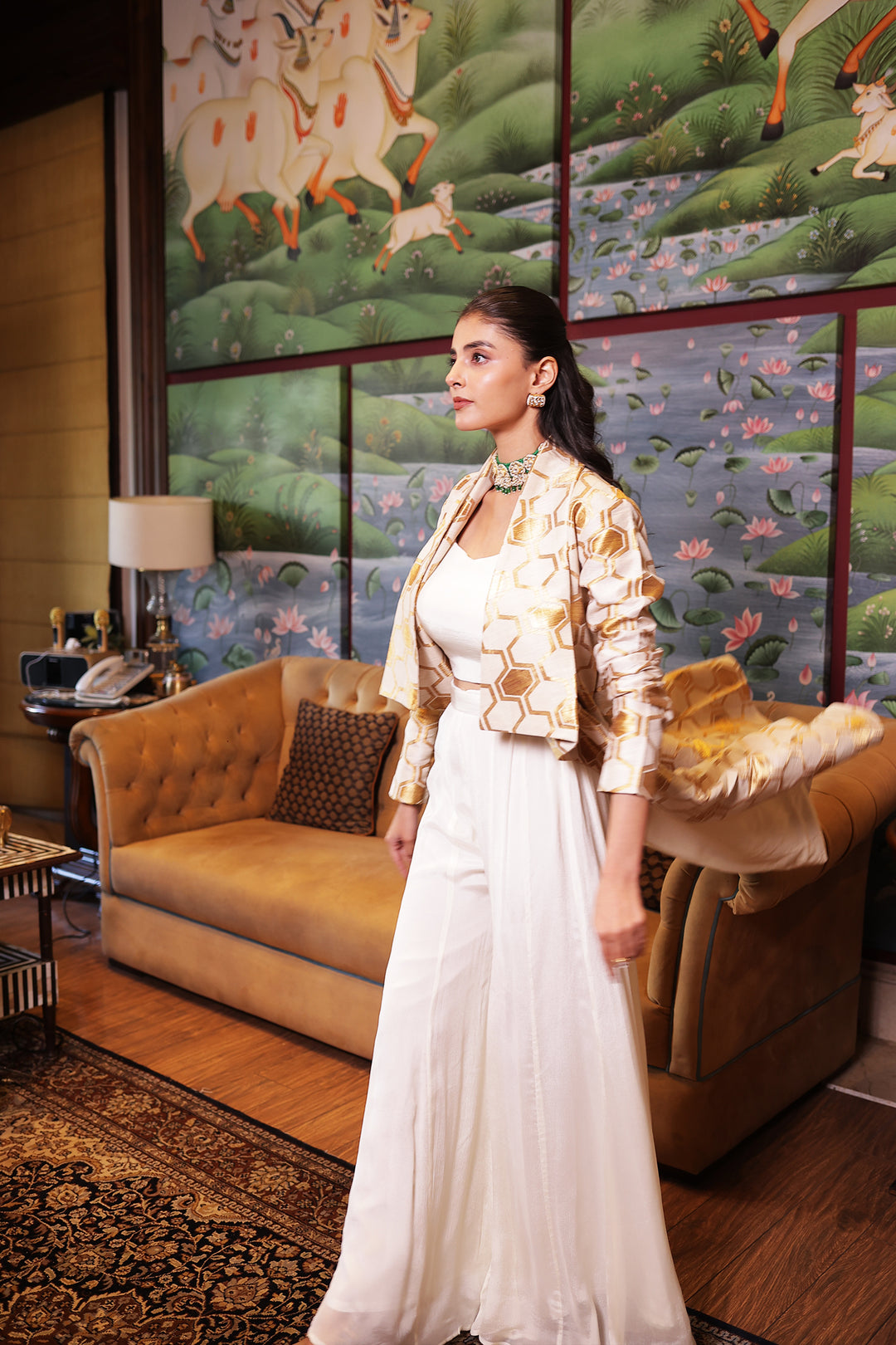 Cream Brocade Ladies Coat