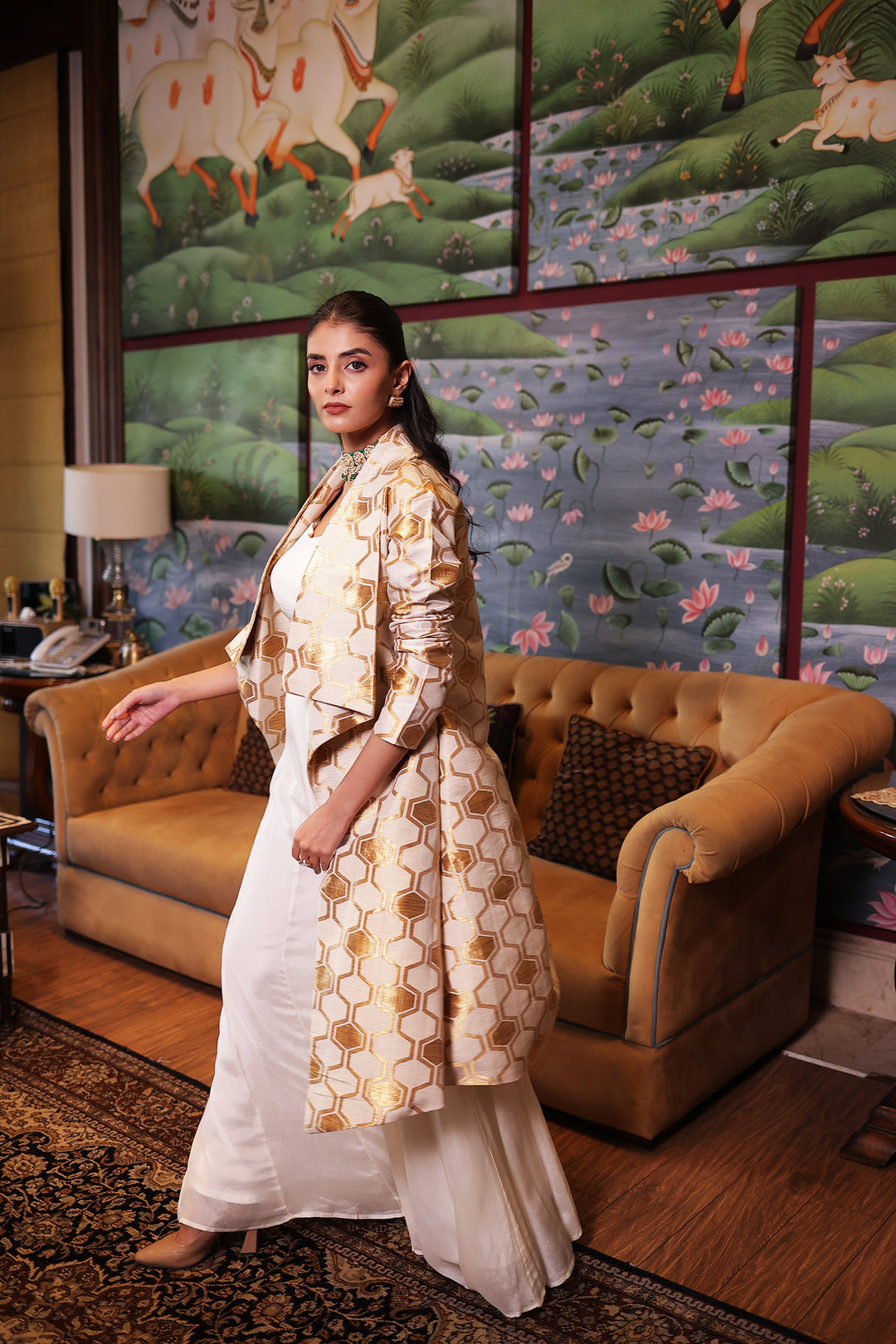 Cream Brocade Ladies Coat