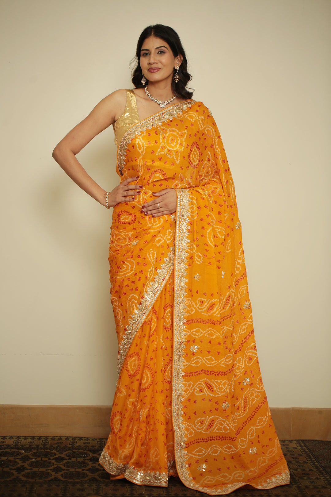 Bandhej chinon Saree with Gota, Gota Patti work.
