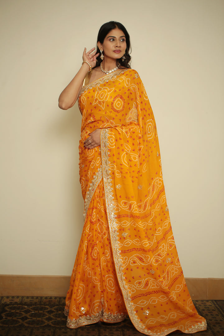 Bandhej chinon Saree with Gota, Gota Patti work.