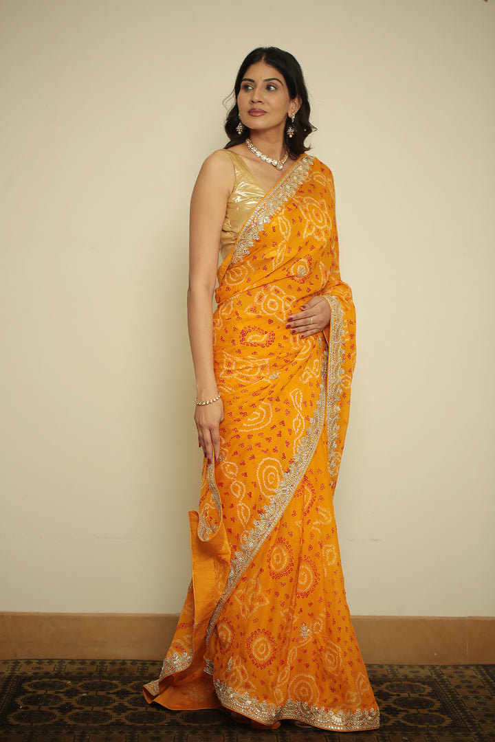 Bandhej chinon Saree with Gota, Gota Patti work.