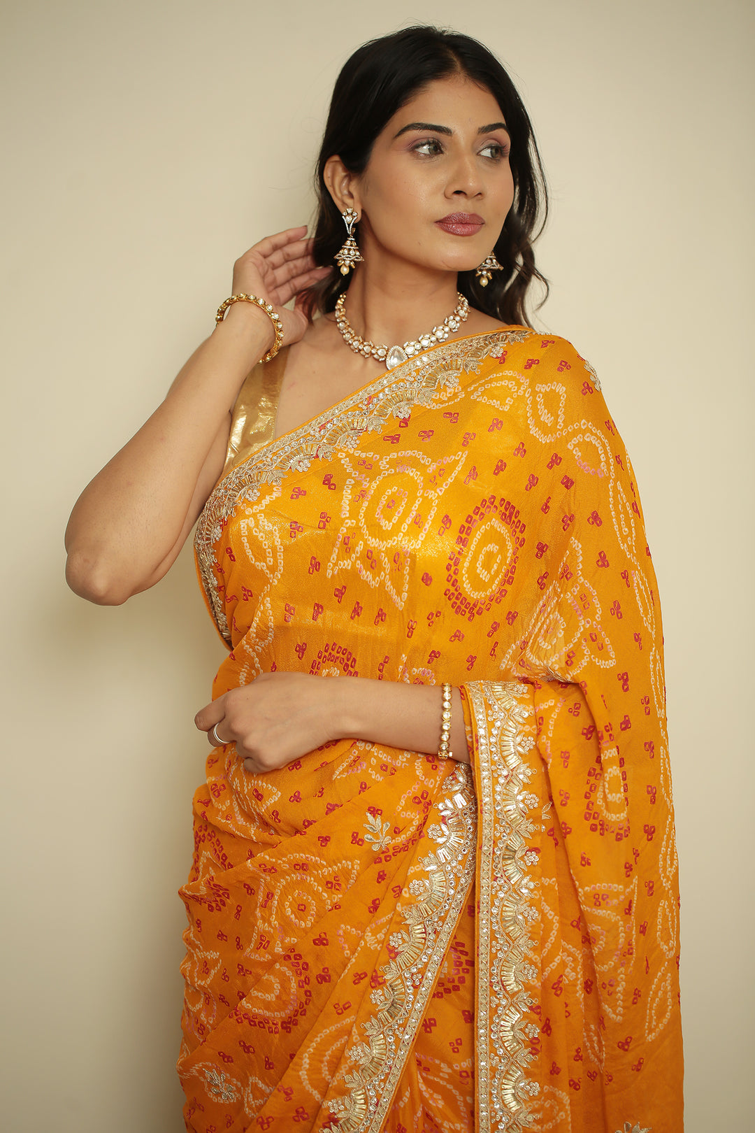 Bandhej chinon Saree with Gota, Gota Patti work.