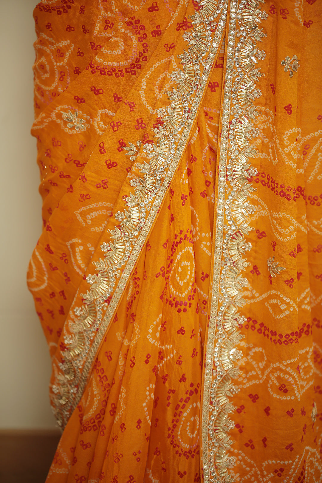 Bandhej chinon Saree with Gota, Gota Patti work.