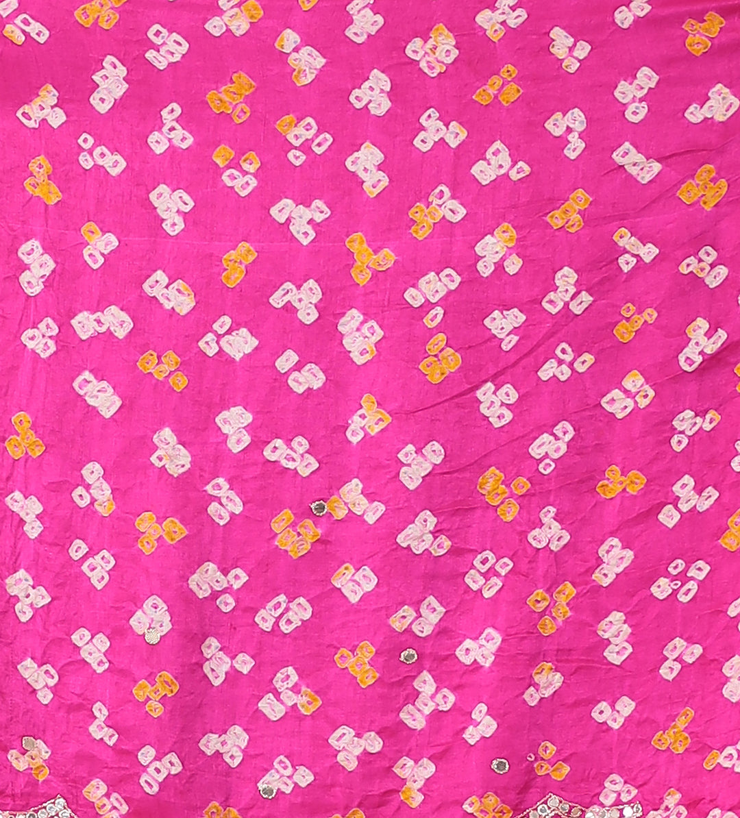 Timeless Bandhej Gajji Silk Saree with Aari and Mirror work.