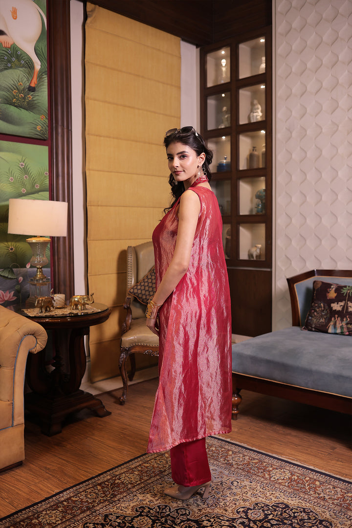 Red Tissue Indowestern with Pearl, Sequins and Zardozi work