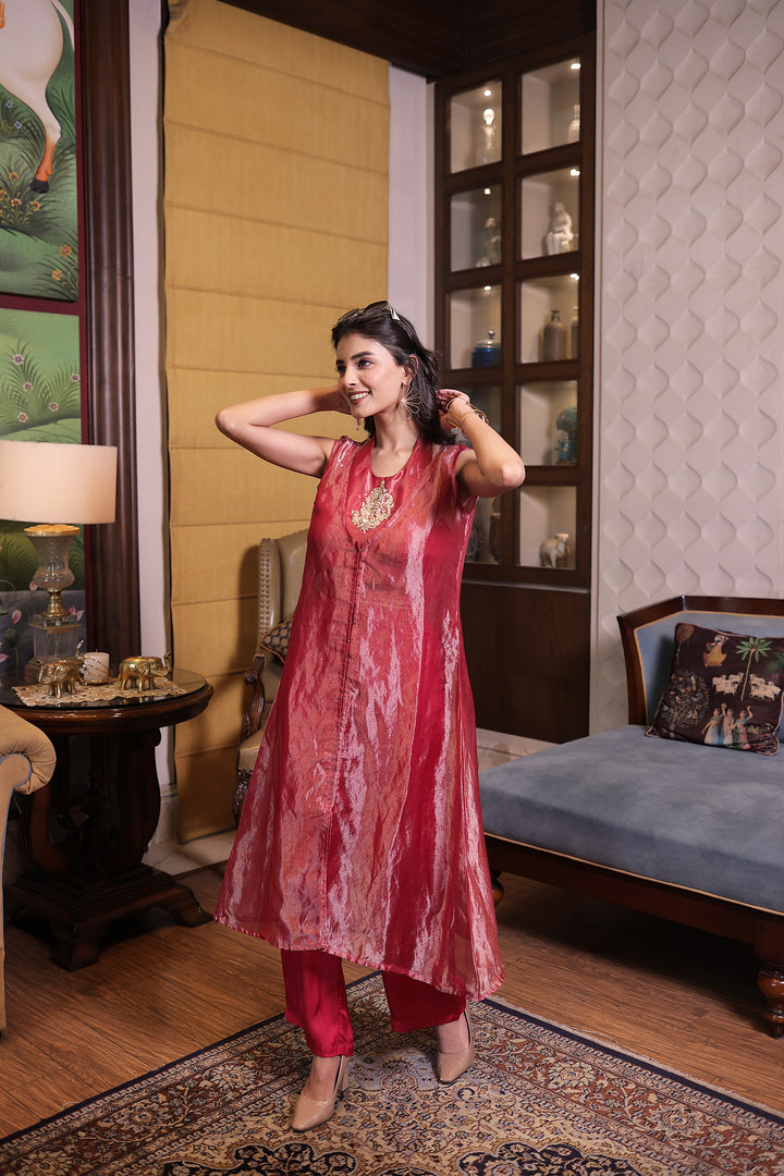 Red Tissue Indowestern with Pearl, Sequins and Zardozi work