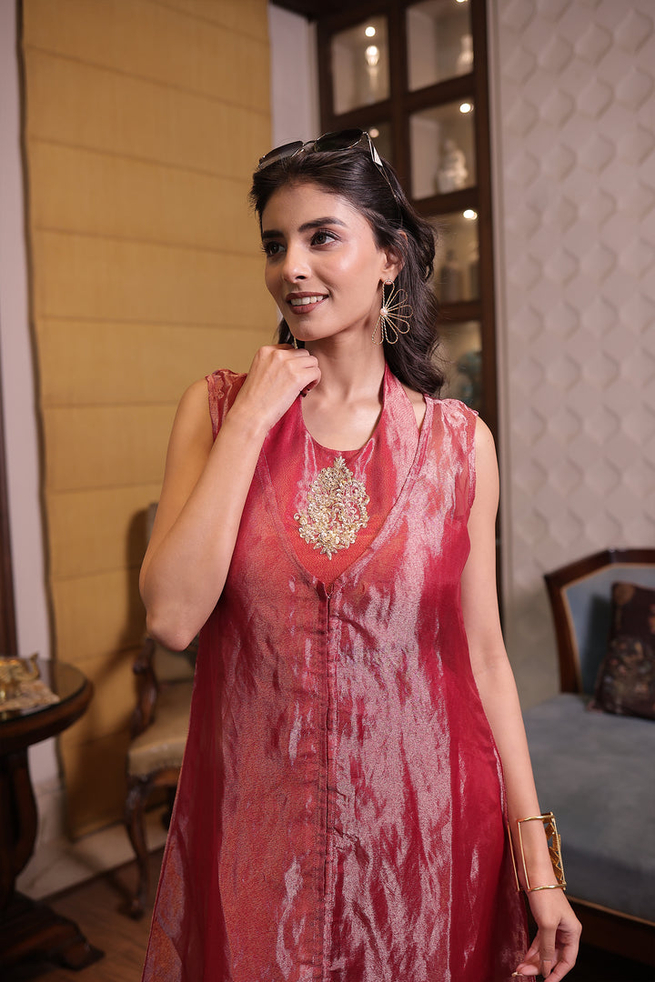 Red Tissue Indowestern with Pearl, Sequins and Zardozi work