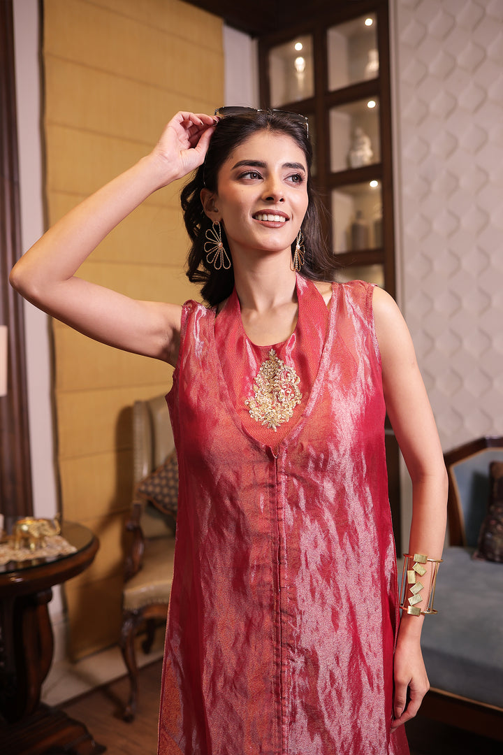 Red Tissue Indowestern with Pearl, Sequins and Zardozi work