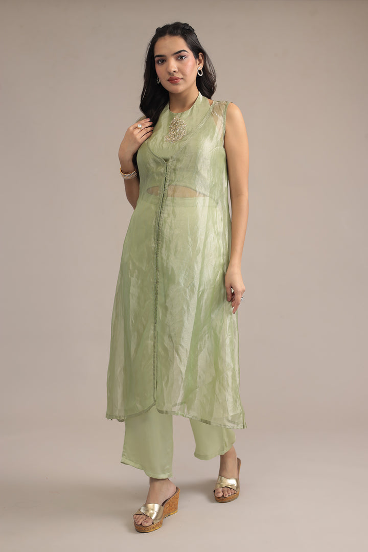 Light Green Tissue Indowestern with Sequins and Zardozi work