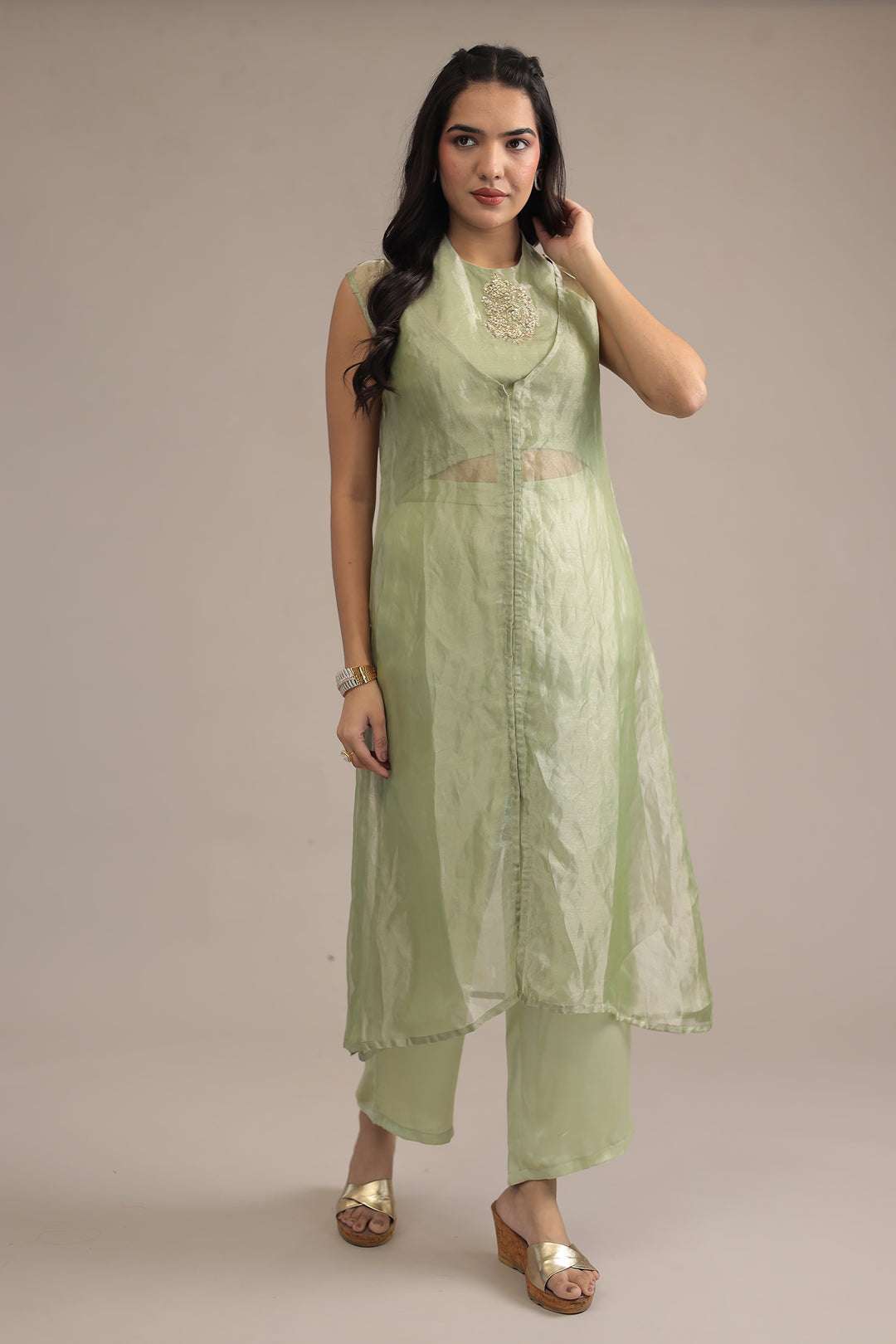 Light Green Tissue Indowestern with Sequins and Zardozi work