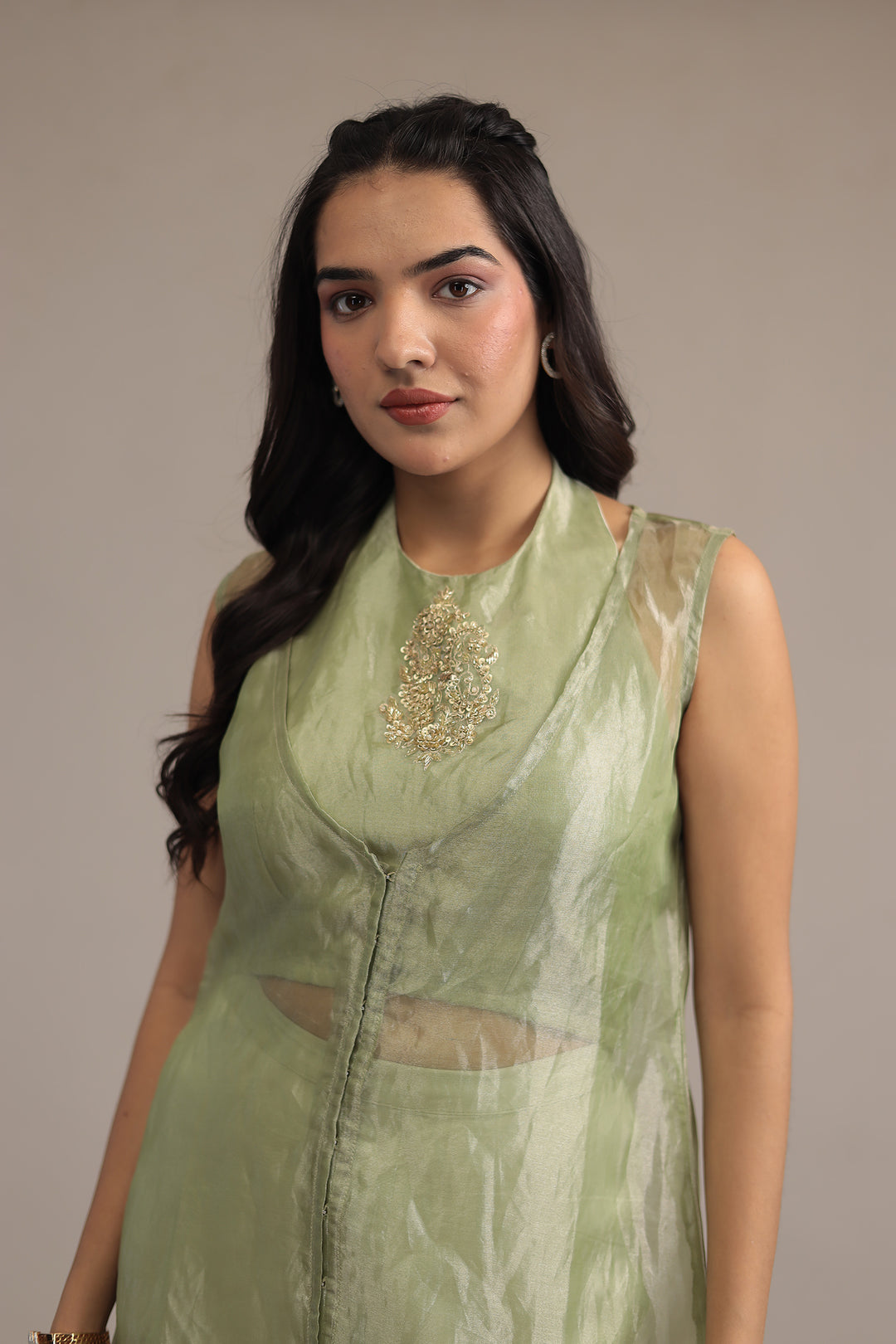 Light Green Tissue Indowestern with Sequins and Zardozi work