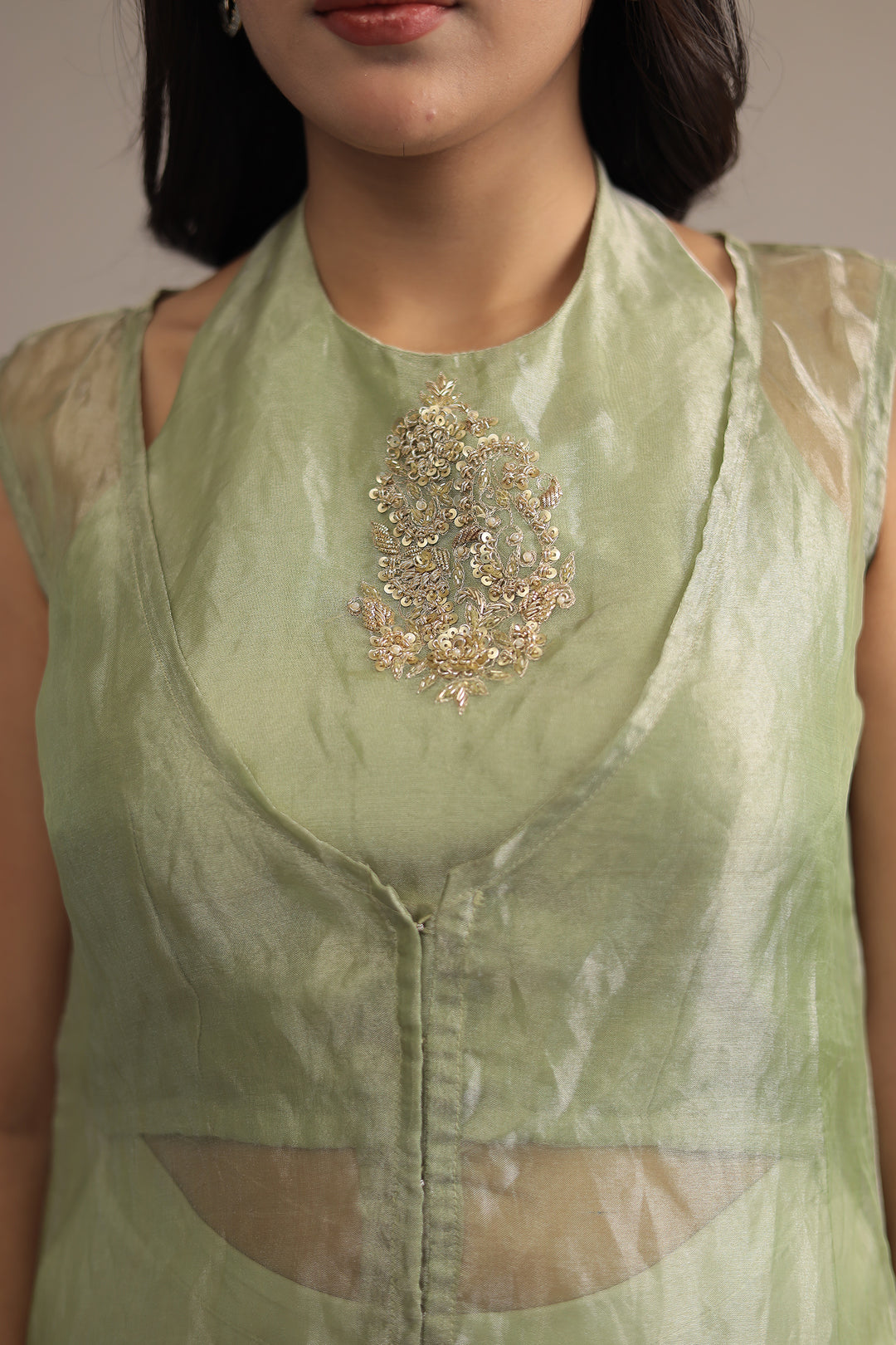 Light Green Tissue Indowestern with Sequins and Zardozi work
