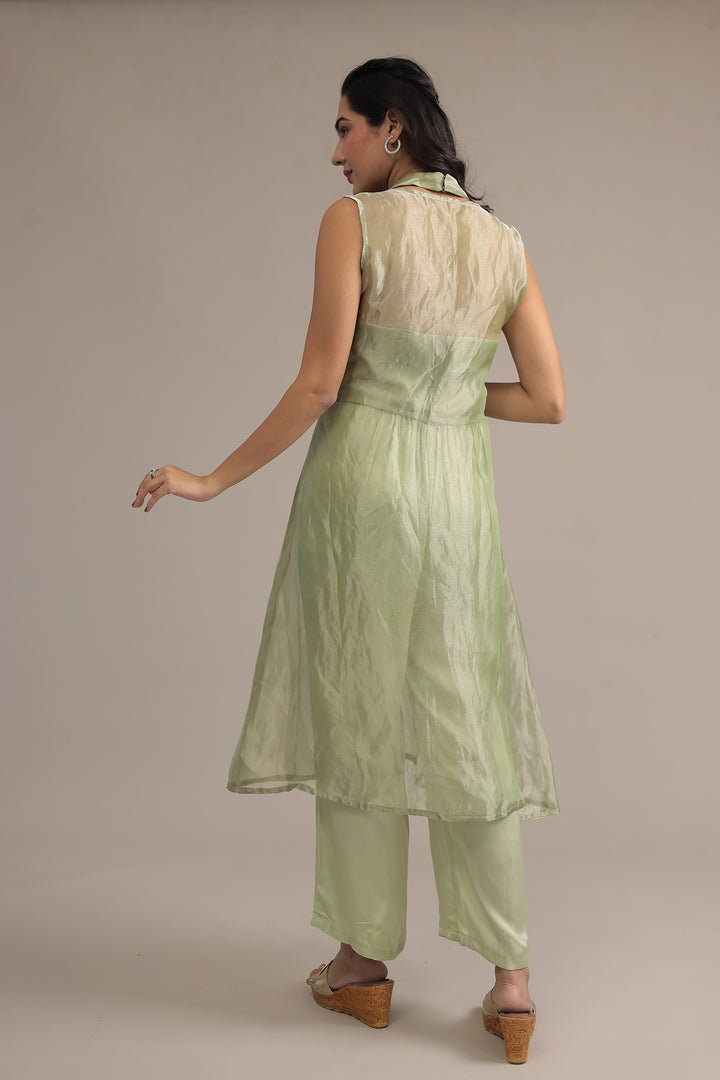 Light Green Tissue Indowestern with Sequins and Zardozi work