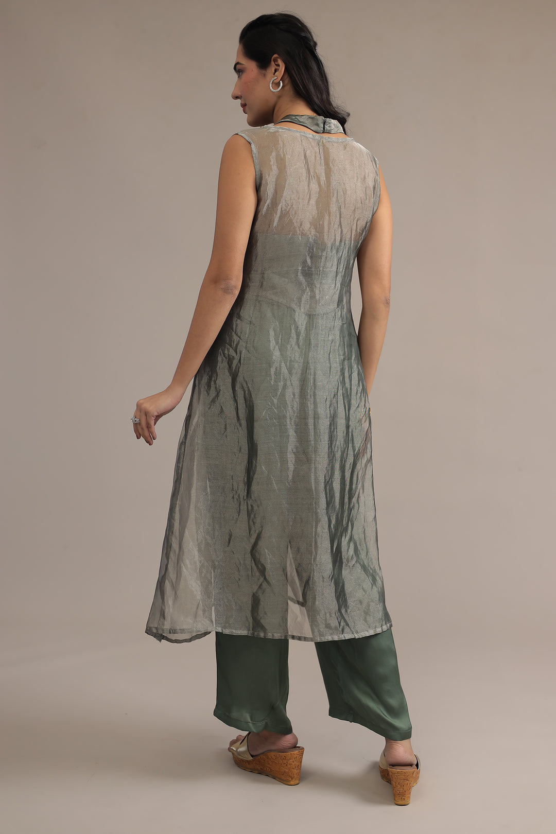 Dark Green Organza Indowestern with Sequins and Zardozi work