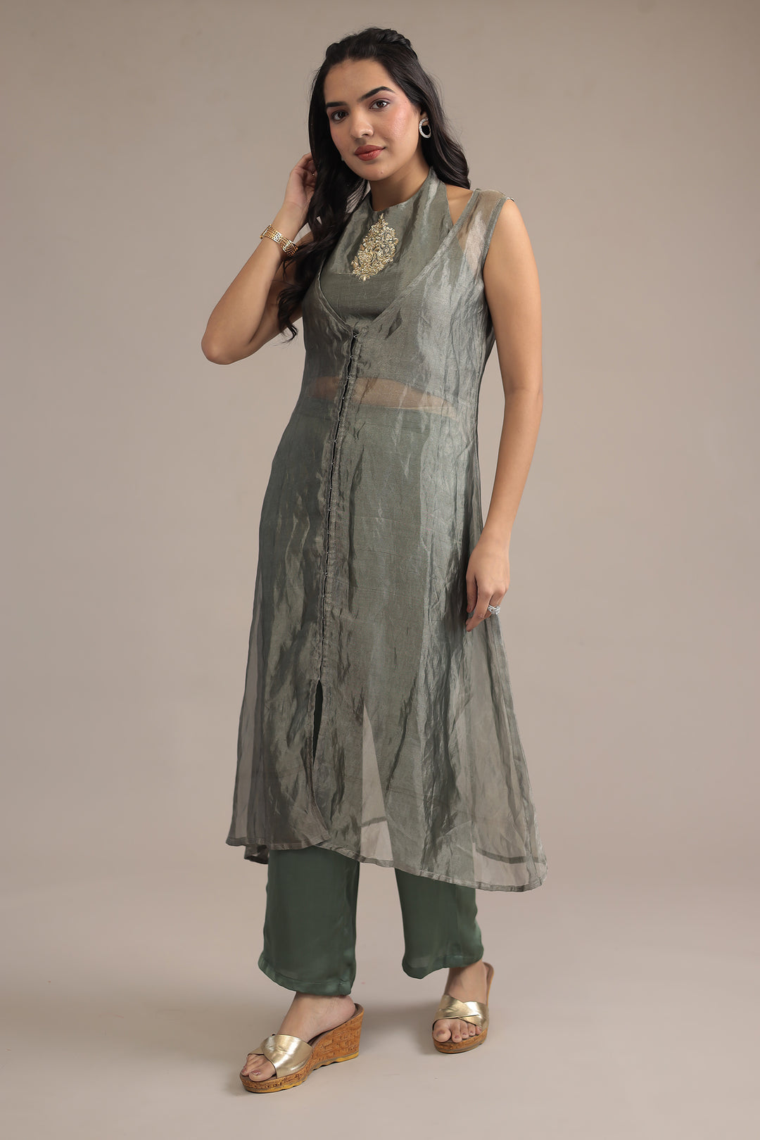 Dark Green Organza Indowestern with Sequins and Zardozi work