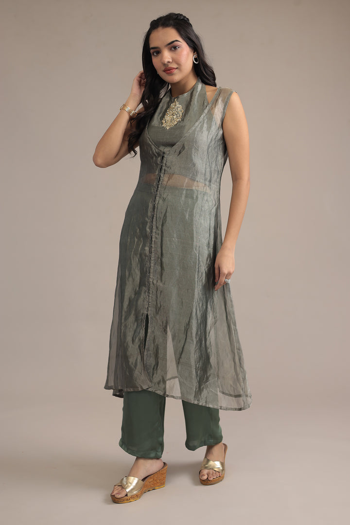 Dark Green Organza Indowestern with Sequins and Zardozi work