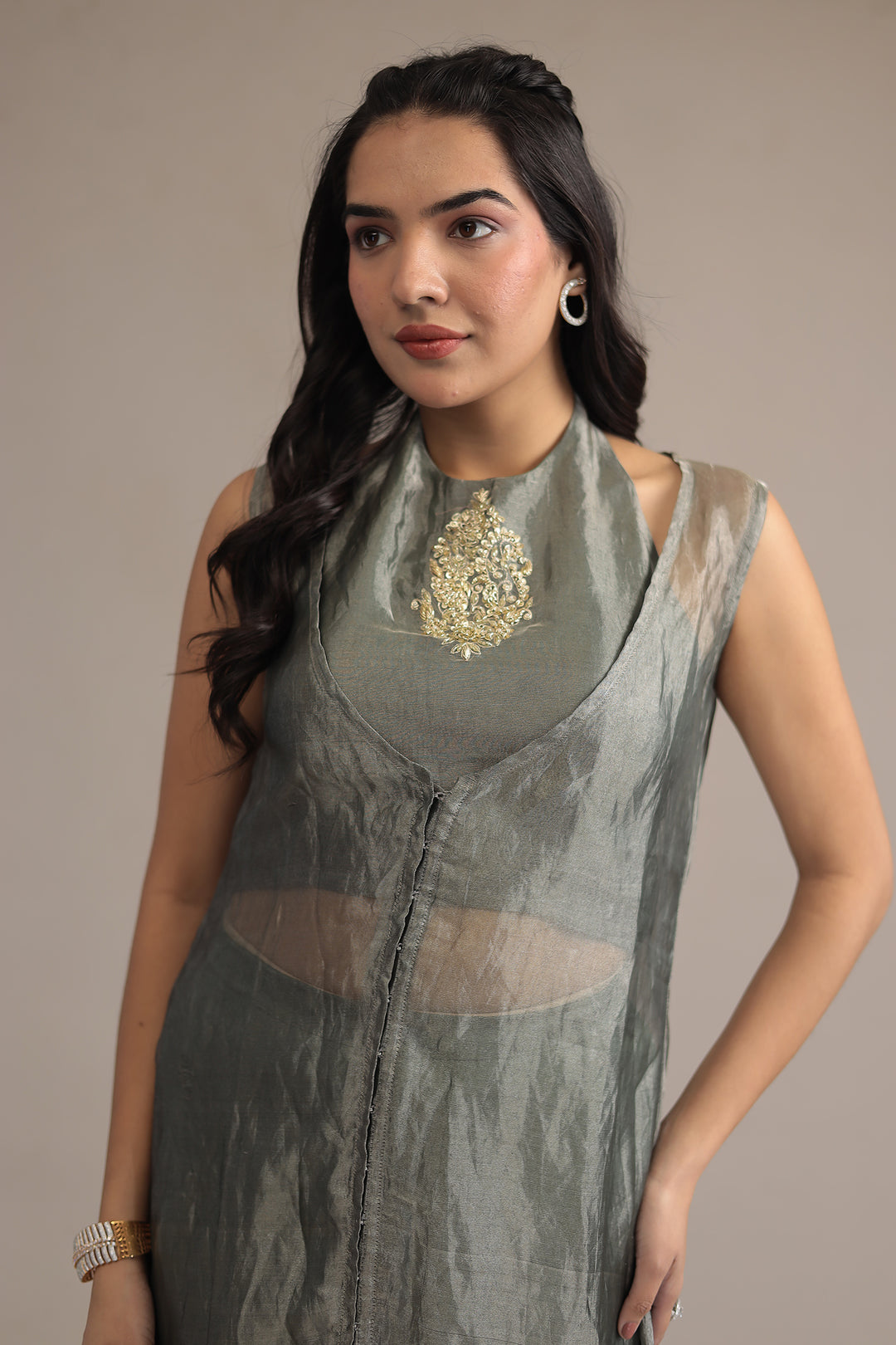 Dark Green Organza Indowestern with Sequins and Zardozi work