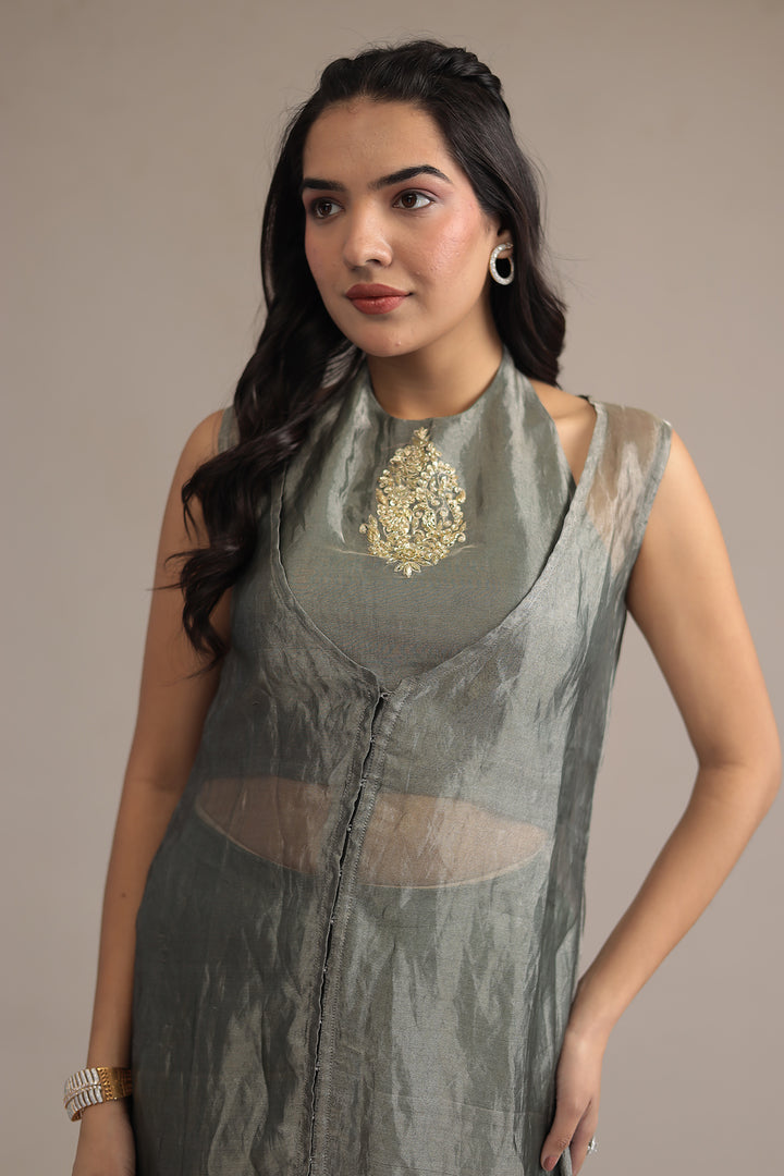 Dark Green Organza Indowestern with Sequins and Zardozi work