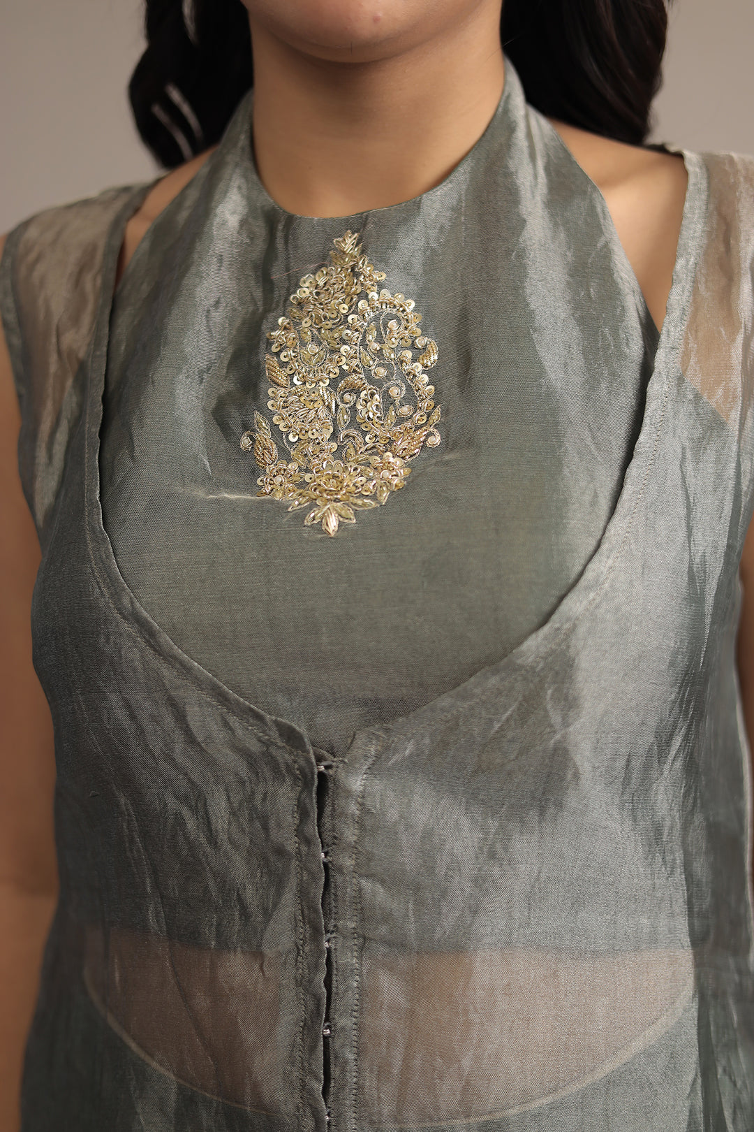 Dark Green Organza Indowestern with Sequins and Zardozi work