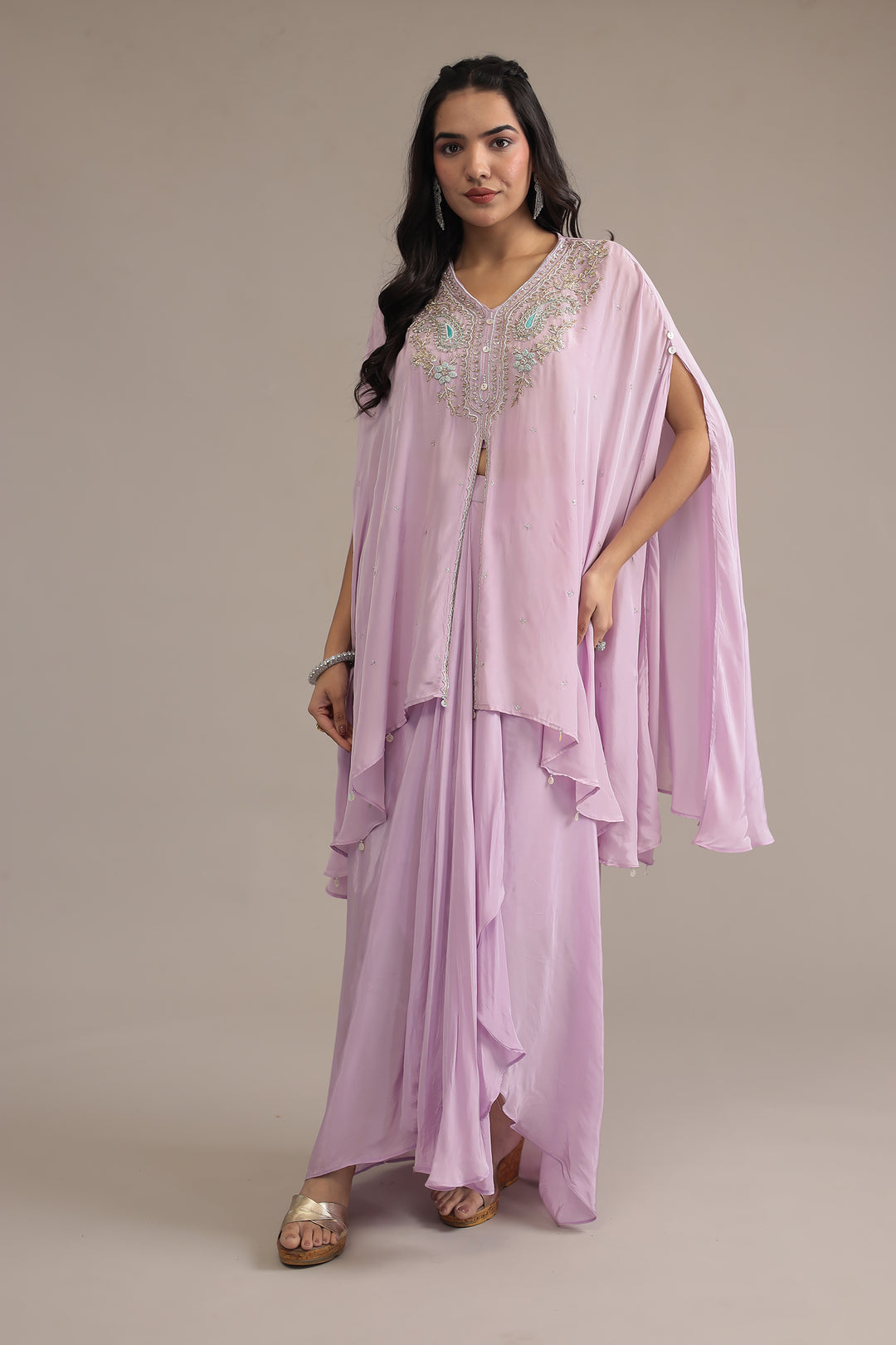Purple Crepe silk Indowestern with Pearl, Thread and Zardozi work
