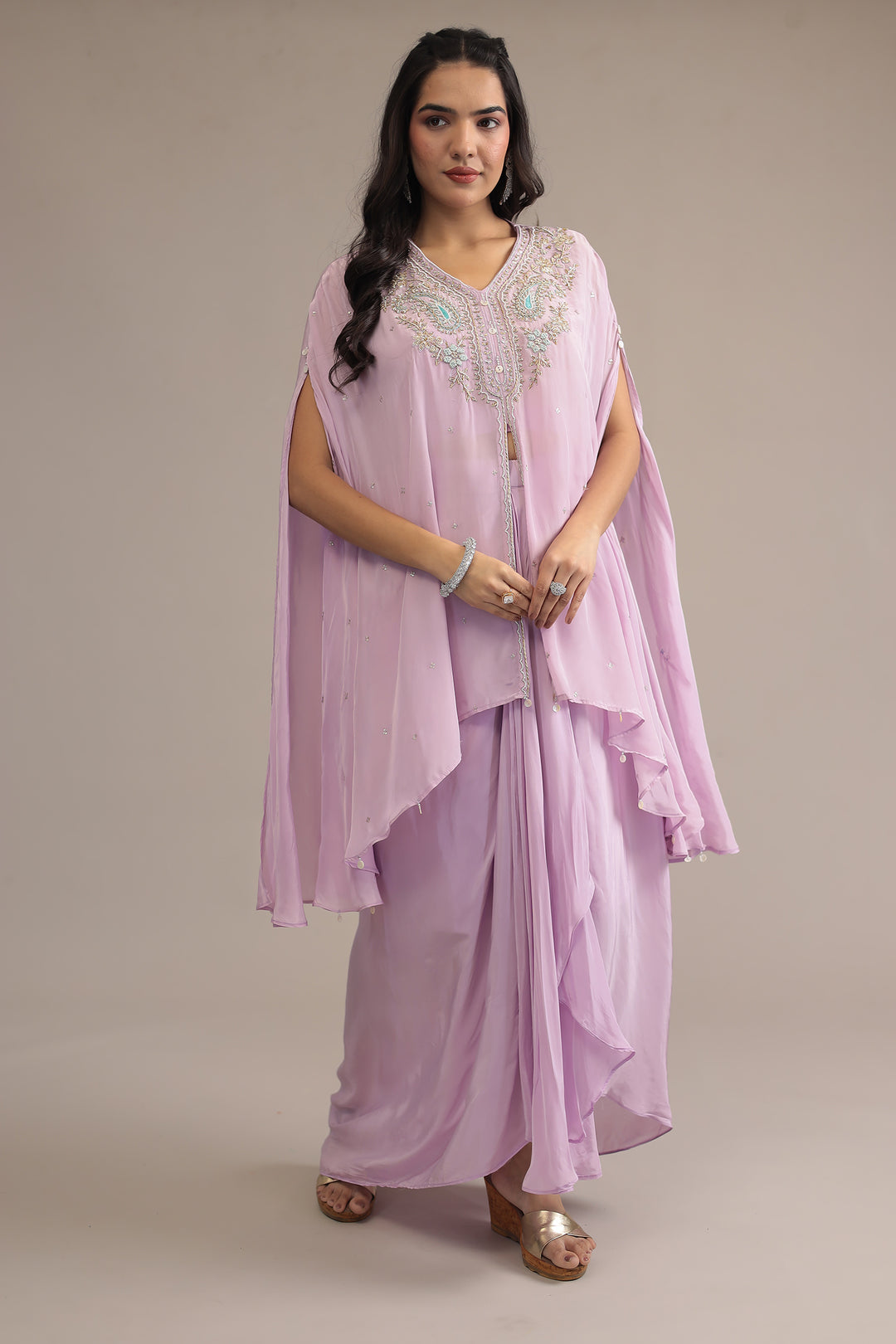 Purple Crepe silk Indowestern with Pearl, Thread and Zardozi work