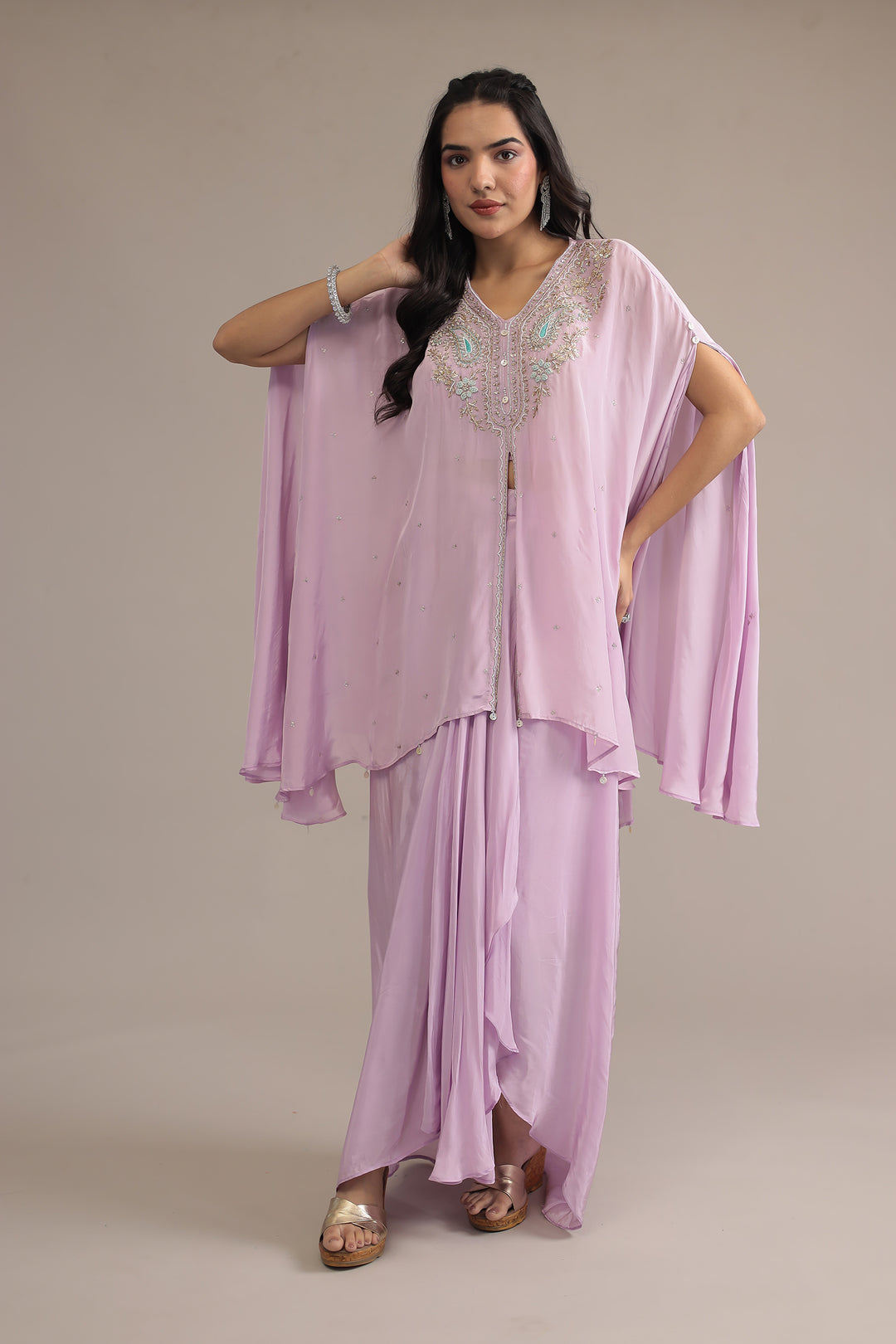 Purple Crepe silk Indowestern with Pearl, Thread and Zardozi work