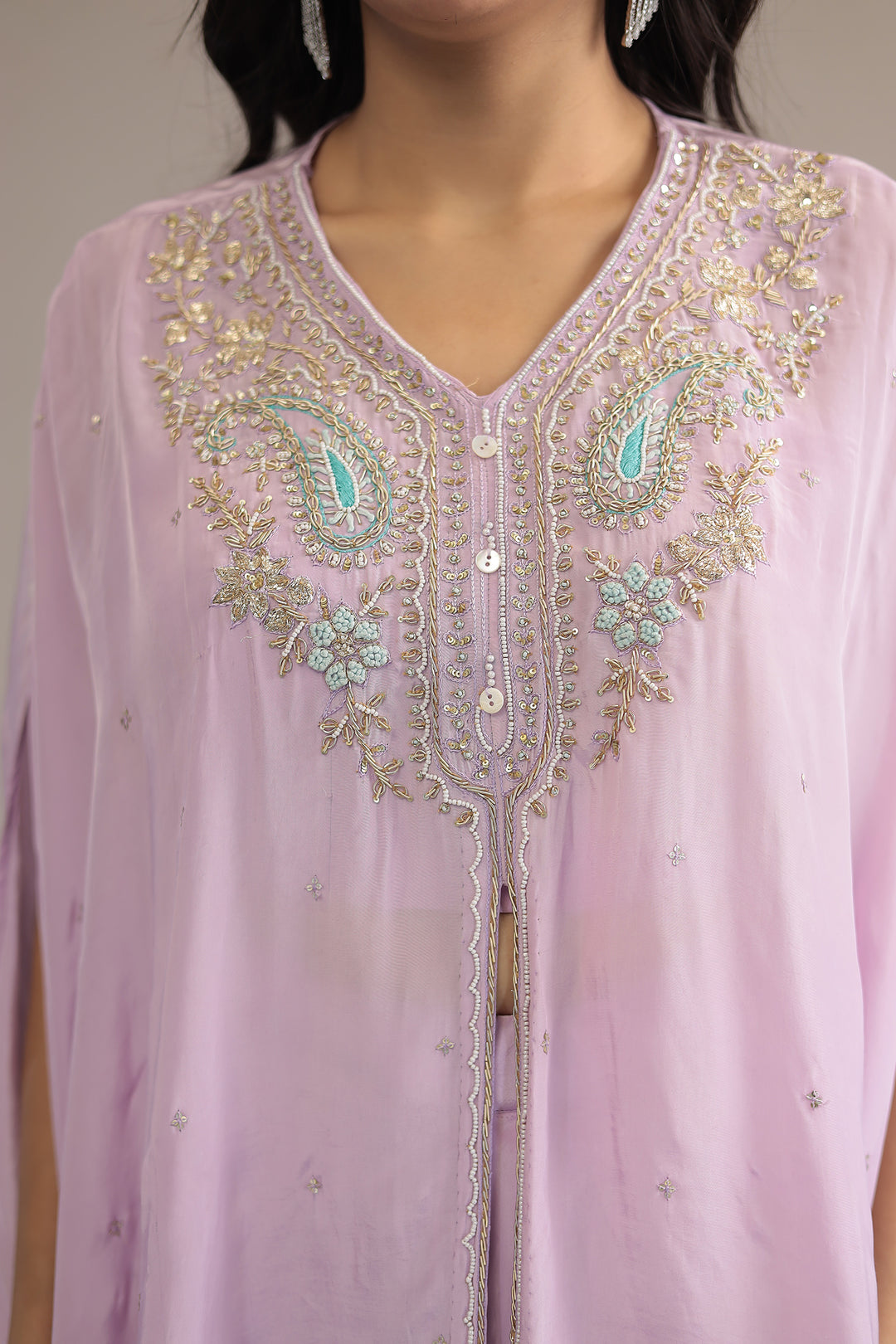 Purple Crepe silk Indowestern with Pearl, Thread and Zardozi work